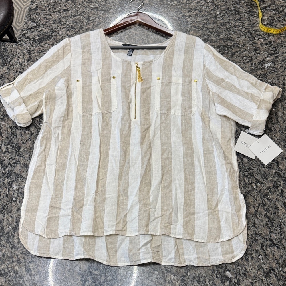 Ellen Tracy Cream and Tan Striped linen Top NWT XL